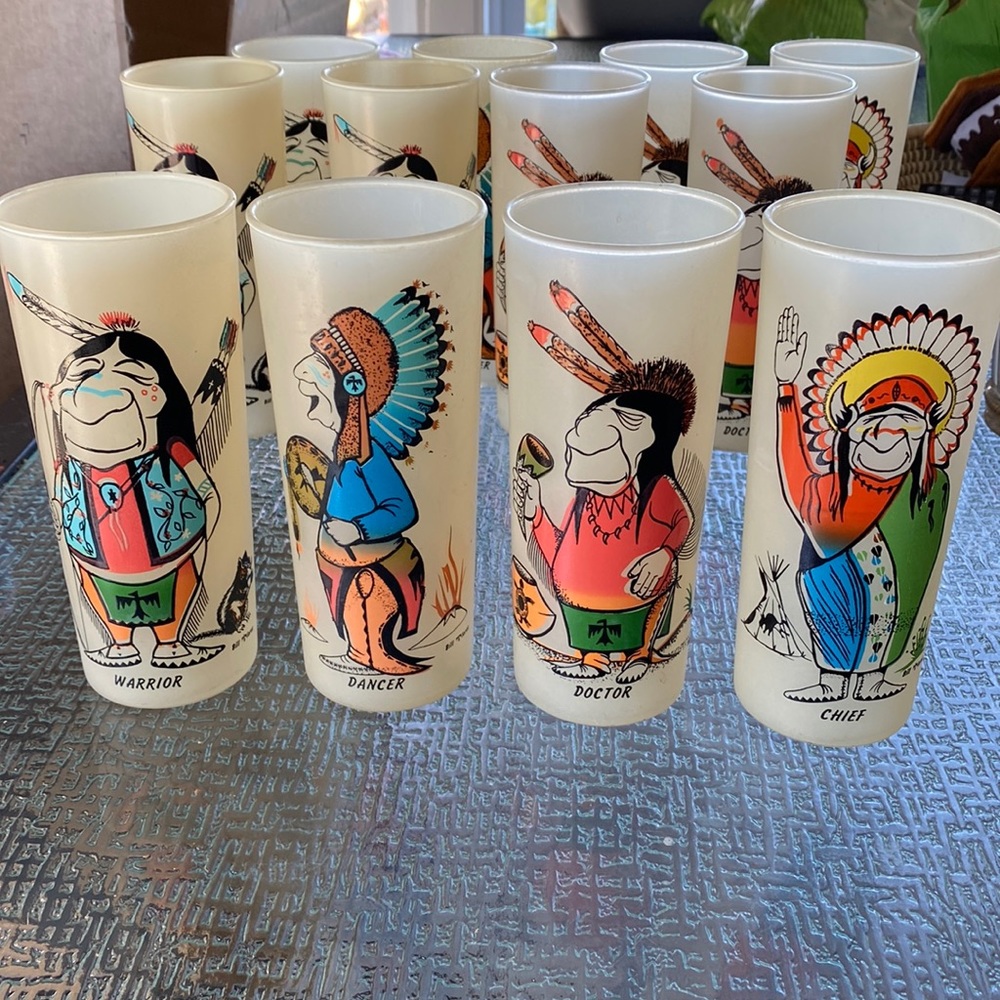 Set of 4 Bill Lores Indian Glasses - Warrior, Dancer, Doctor, Chief